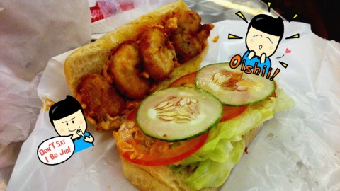 Soft, chewy sandwich with crispy fried whole shrimps #dontsayibojio