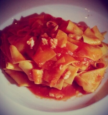 Toothsome al-dente pasta with a light tomato based sauce. 