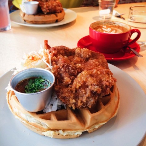 Dense waffles with crispy and juicy fried chicken leg. Steep price tho