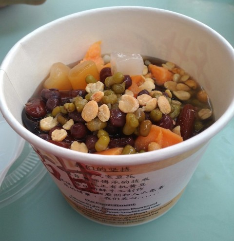 yummy desserts with.organic bean curd , grass jelly, beans n peanuts