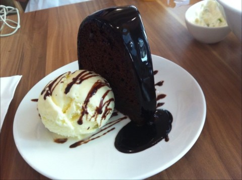 Rich chocolate cake with ice cream! A real treat! 