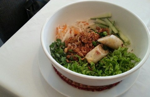 rice noodles with marinated chicken, lots of veg and fried spring roll