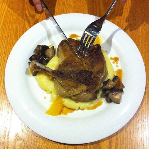 Crispy skin and tender meat. Love the mashed potato as well.
