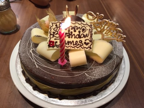 Nice birthday cake with simple chocolate and vanilla ice cream filling.