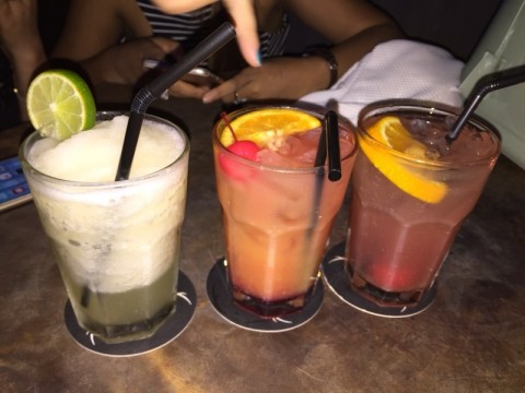 Delicious cocktail at $25 each. From left: Daiquiri, Tequila Sunrise, Sex on the beach.