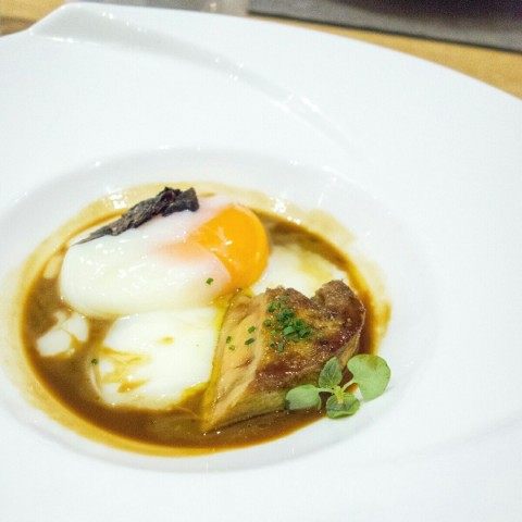 With one hour poached egg, summer truffle, cepes reduction and shiso cress 