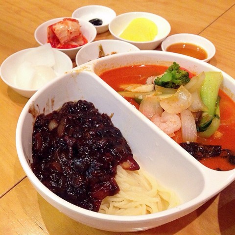 Jjamjjamyeon: Jajangmyeon (Black Bean Sauce Noodles) & Jjampong (Seafood Noodles in Hot Red Pepper Soup) [$18] - Easily the best combination around!