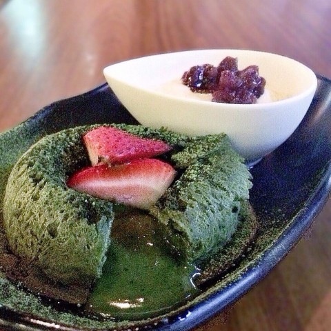 Liquid matcha enclosed in a matcha cake. One of the best desserts! 