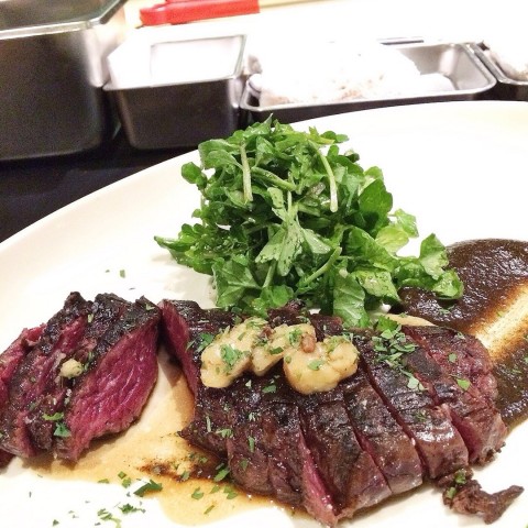 Onglet with burnt onion sauce & bone marrow. Melt in the mouth goodness :)