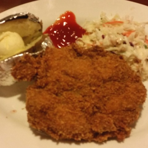 The chicken cutlet is fried to perfection,crispy on the outside and juicy inside.I love the baked potato with butter which melts in the mouth.The coleslaw is tasty and refreshing.