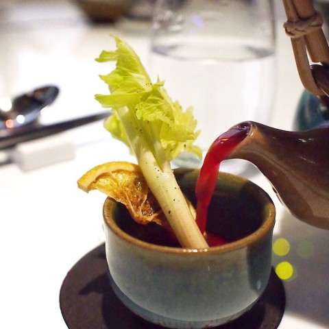 Soup-like cocktail in a teapot 