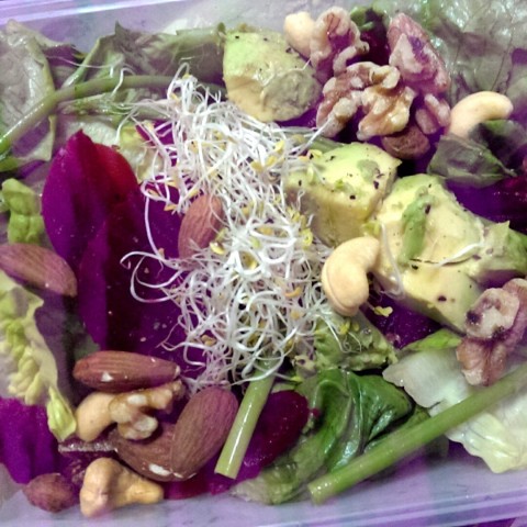 Customized my salad with asparagus, walnuts, almonds, avocado, beet & alfafa on a bed of lettuce. Portion could be more & fresher. 