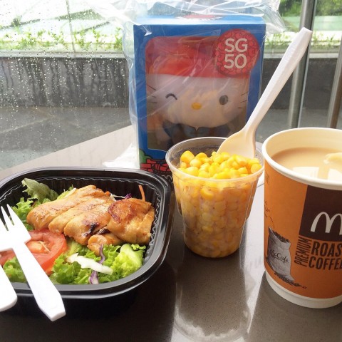 The grilled chicken salad available at McDonald's is a healthier choice. Love the salad which is fresh and filling and the corns!