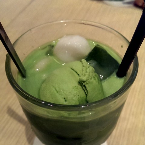 Iced matcha latte with green tea ice cream and shiratama/mochi. Not bad and the size was just right!
