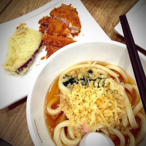 Udon with Sweet potato tempura and chicken cutlet. Taste average! Pricey for this food standard! 