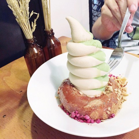 Warm glaze mochi donut with the perfect dual swirl of matcha & cookie butter soft serve ^^