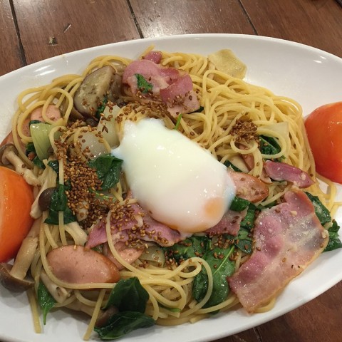 Fusion! Very well thought out dish! Good blend of tomatoes egg bacon with aglio olio!