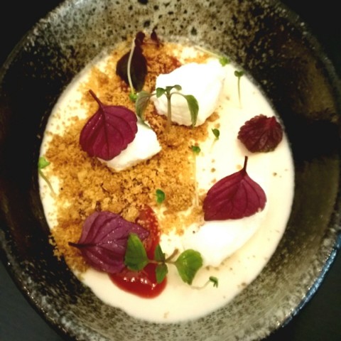 pannacotta with frozen coconut yoghurt topped with coconut crumbs; pink peppercorns n coriander