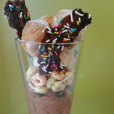 french vanilla n triple chocolate ice cream with froot loops n candied bacon