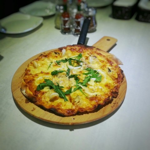 A little salty but I love seafood pizza. Excellent thin crust!