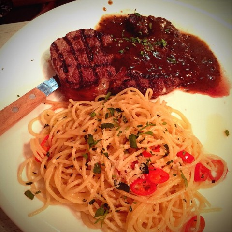 The aglio olio was sooo good! We want more! Ribeye was also cooked to perfect medium. 