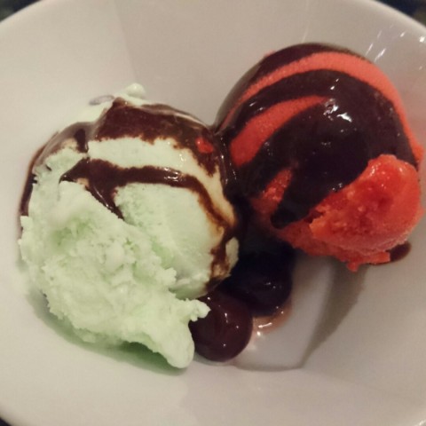 Peppermint ice cream, lychee and raspberry sorbet with chocolate sauce and brandied cherries 