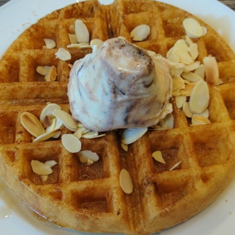 Waffle not as crispy as I wanted but almonds and ice cream were OK 